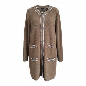 Talbots Brown Longline Knit Cardigan | Contrast Trim | Button Front | Size M
